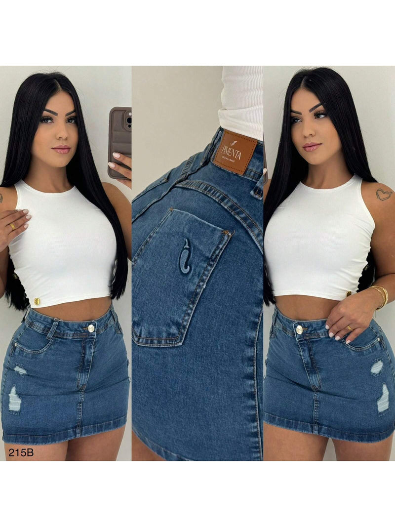 Saia: Jeans com lycra e bordado