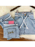 Saia: Jeans com lycra e bordado